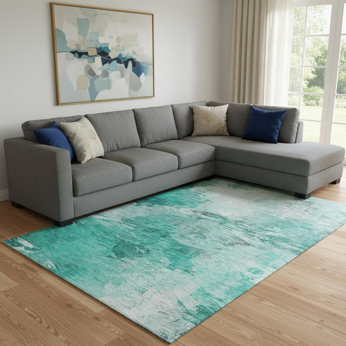 10' X 14' Abstract Washable Area Rug With UV Protection (650746) - Teal / Ivory