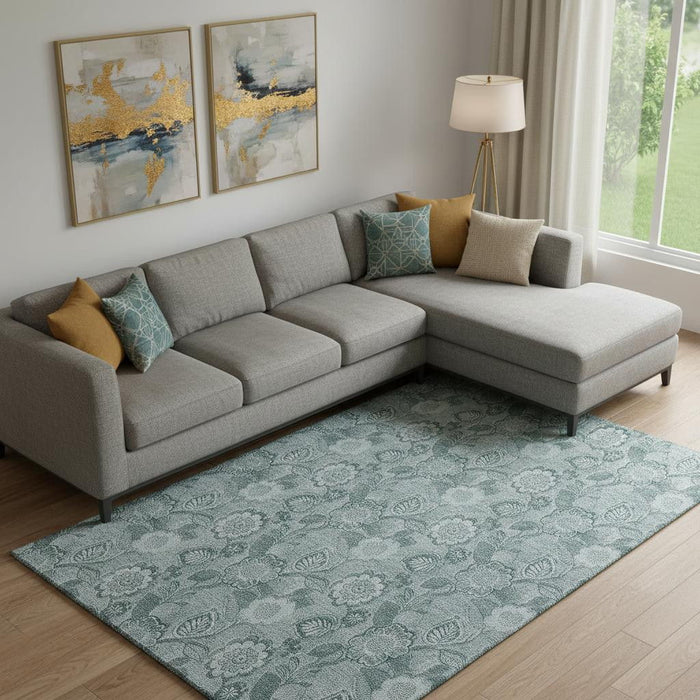 10' X 14' Floral Washable Area Rug With UV Protection (708814) - Teal / Aqua
