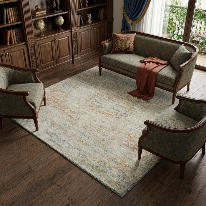 10' X 14' Floral Medallion Washable Area Rug With UV Protection (695588) - Tan / Beige / Teal
