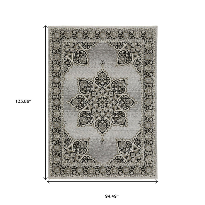 8' X 11' Medallion Area Rug With Fringe - Gray And Black