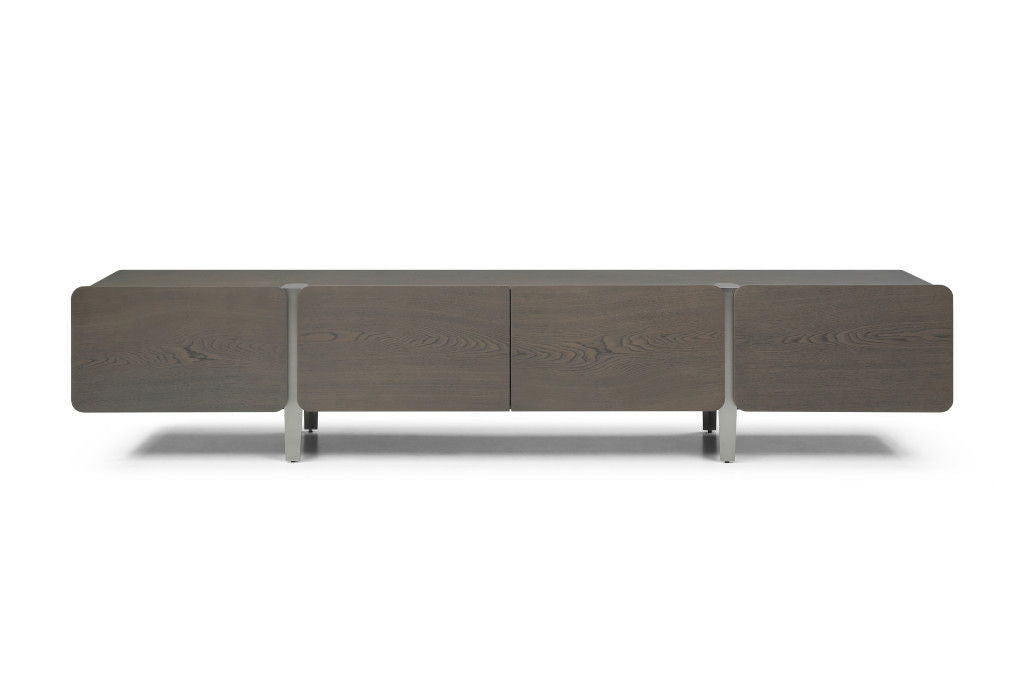 Ash gray wood and stainless steel enclosed storage TV stand with nickel accents, ideal for modern living rooms.