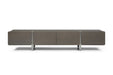 Ash gray wood and stainless steel enclosed storage TV stand with nickel accents, ideal for modern living rooms.