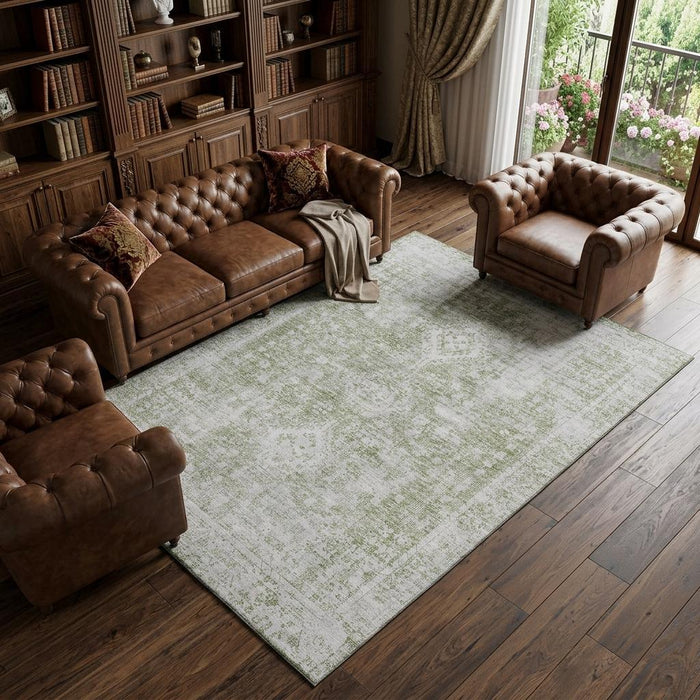 10' X 14' Oriental Washable Area Rug With UV Protection (691980) - Artichoke Green / Ivory