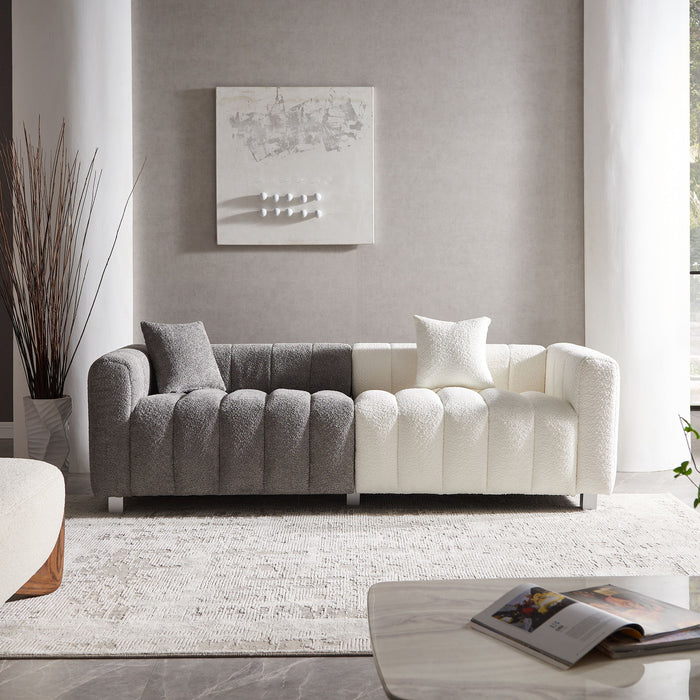White and gray Giga 3-seater stationary sofa with metal legs and two pillows, ideal for living room comfort.