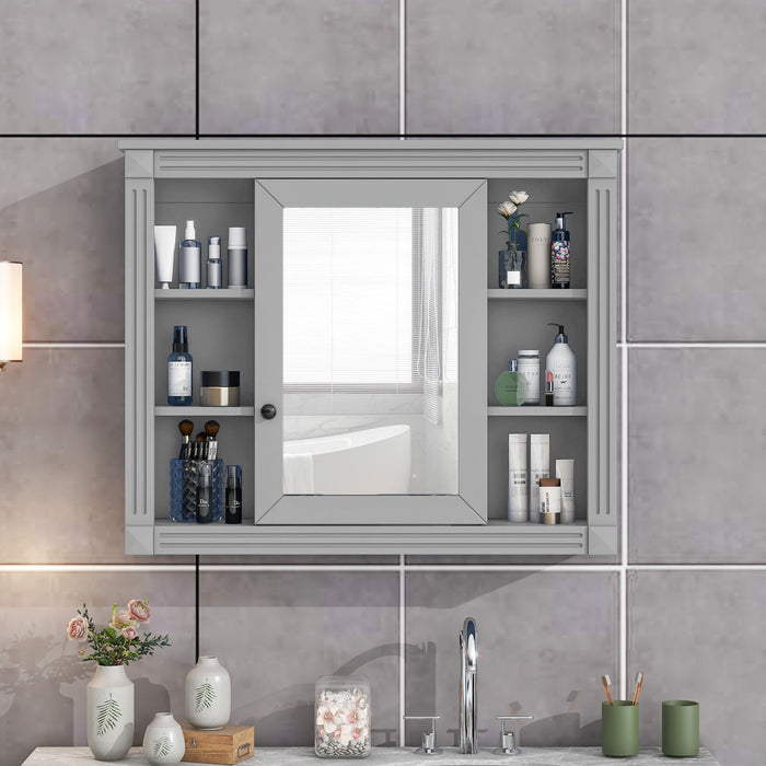 Giga wall-mounted bathroom medicine cabinet with mirror, featuring six open shelves and adjustable interior for storage.
