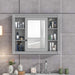 Giga wall-mounted bathroom medicine cabinet with mirror, featuring six open shelves and adjustable interior for storage.