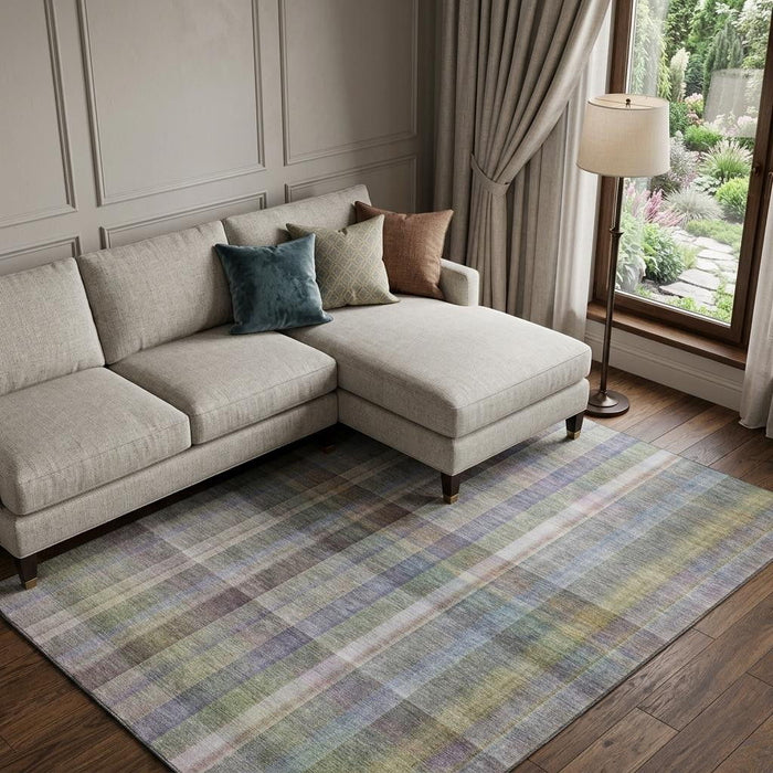 10' X 14' Plaid Washable Area Rug With UV Protection (648028) - Pewter / Purple