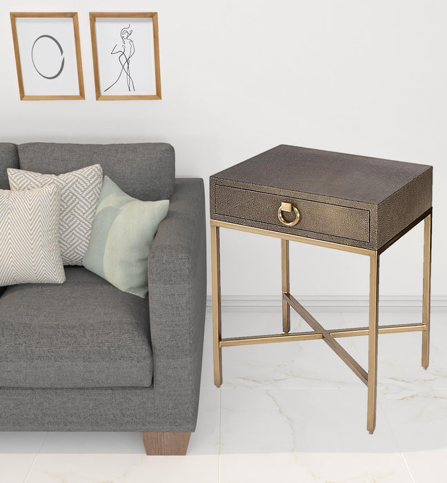 Shagreen Faux Leather End Table With Drawer - Gold