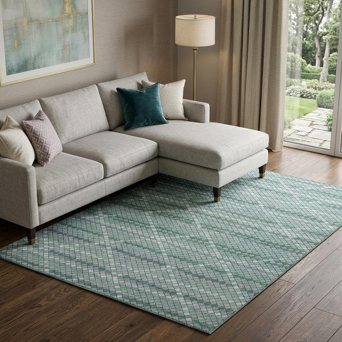 10' X 14' Geometric Washable Area Rug With UV Protection (693702) - Teal / Ivory / Lavender