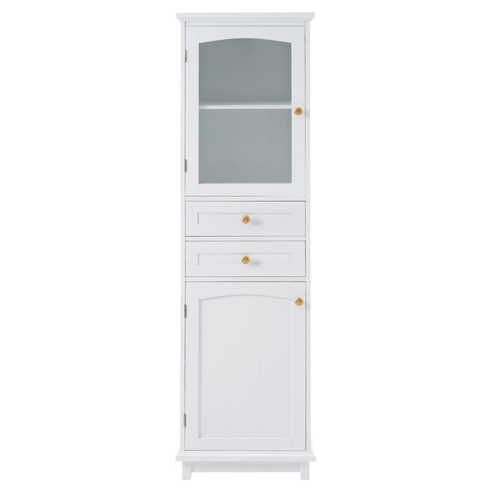 Giga tall linen cabinet with glass doors, two drawers, adjustable shelves, free-standing design, painted finish for bathroom storage
