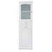 Giga tall linen cabinet with glass doors, two drawers, adjustable shelves, free-standing design, painted finish for bathroom storage