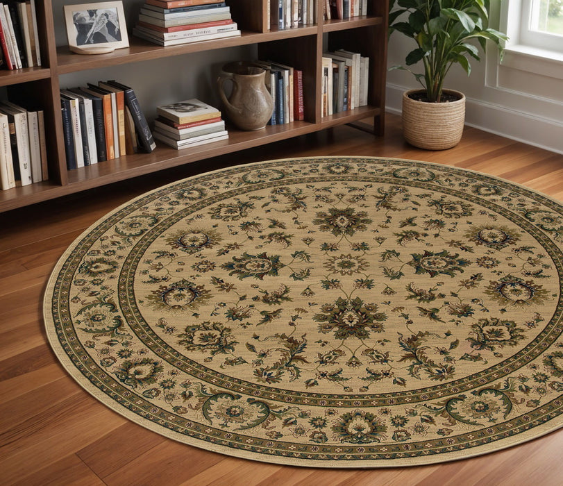 8' Oriental Round Rug - Ivory And Green