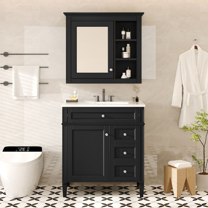 Giga bathroom vanity with top sink, two doors, three drawers, freestanding set, and mirror cabinet in a modern design