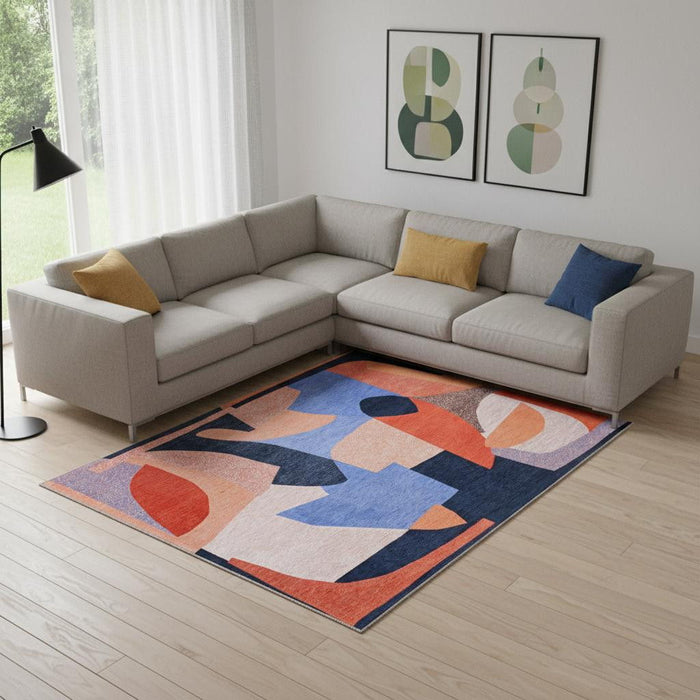9' X 13' Abstract Washable Area Rug (552004) - Blue / Red