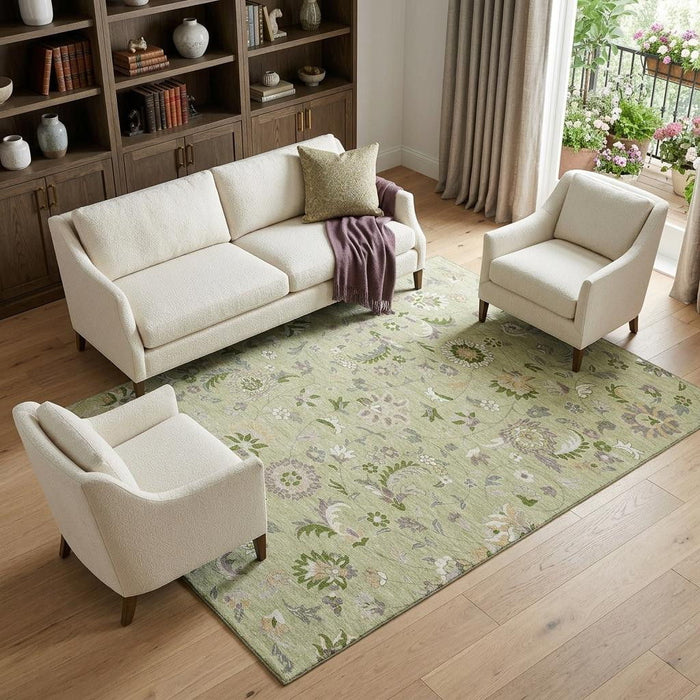 10' X 14' Floral Washable Area Rug With UV Protection (678952) - Artichoke Green / Taupe / Ivory