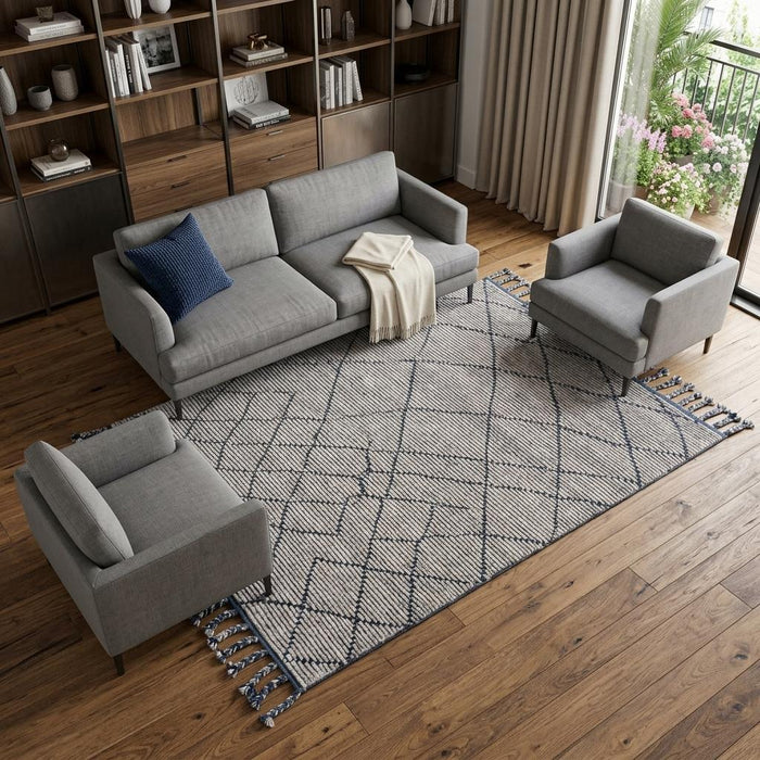 9' X 13' Wool Geometric Hand Knotted Area Rug (744415) - Taupe / Blue / White