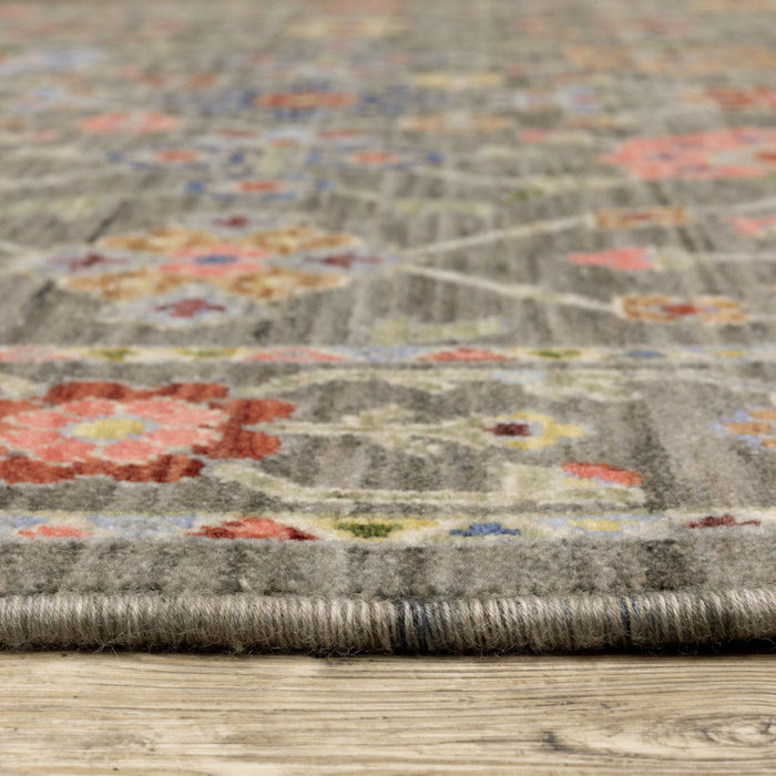 8' x 11' Oriental Power Loom Stain Resistant Area Rug With Fringe - Gray Salmon Pink Gold Blue Rust Deep Blue Ivory And Green