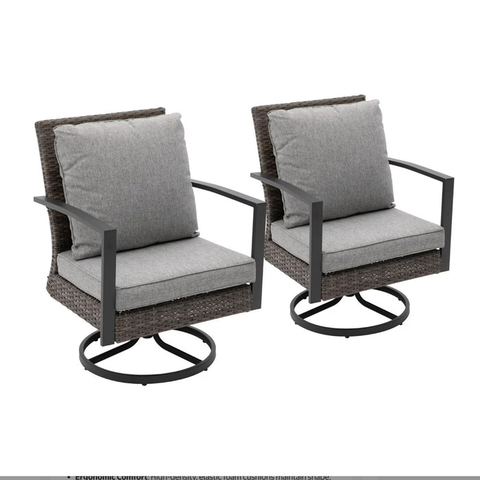 Set of two Giga swivel rocker patio chairs with gray cushions, all-weather design, perfect for outdoor relaxation and seating.