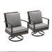 Set of two Giga swivel rocker patio chairs with gray cushions, all-weather design, perfect for outdoor relaxation and seating.