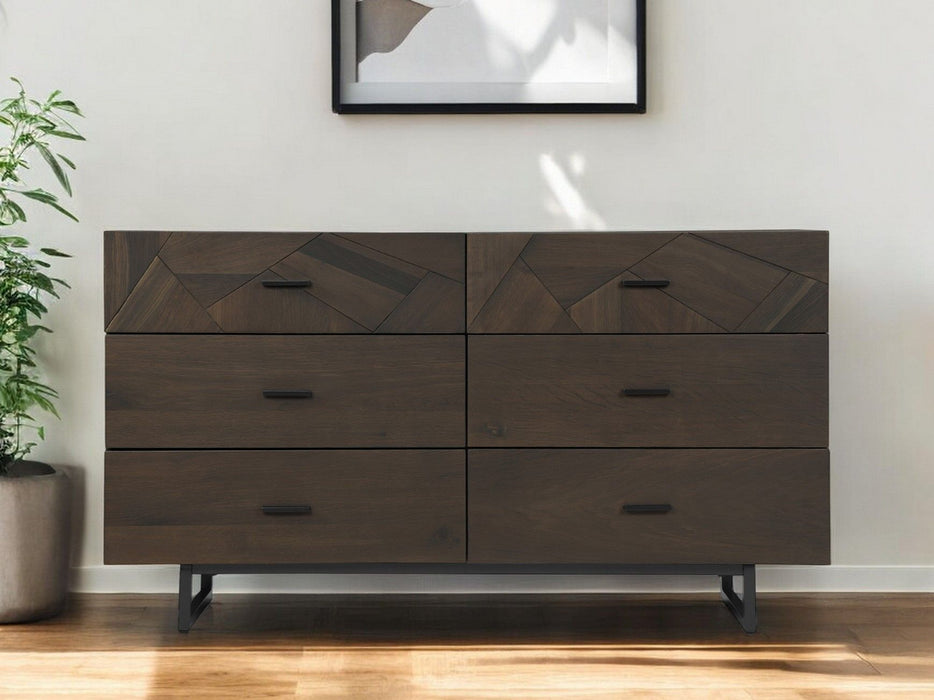 Carved Geometric Solid Wood Six Drawer Double Dresser - Dark Brown