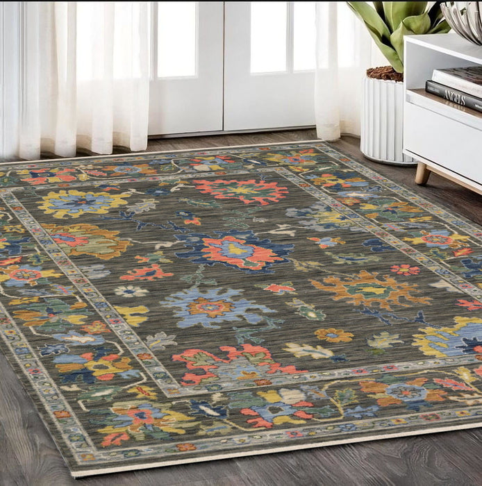 5' X 8' Oriental Area Rug With Fringe - Gray And Yellow