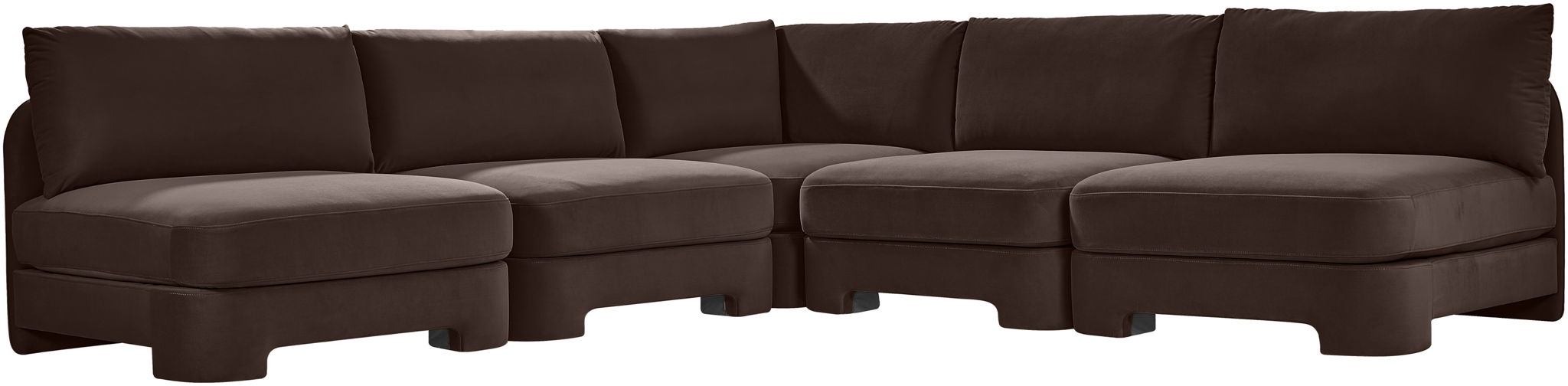 Meridian Furniture velvet upholstered 5-piece armless sectional sofa in a stationary design with plush fabric finish.