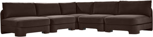 Meridian Furniture velvet upholstered 5-piece armless sectional sofa in a stationary design with plush fabric finish.