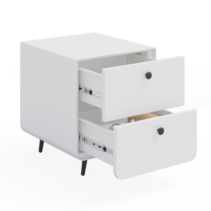 White Giga modern night stand with two drawers, steel accent cabinet featuring circular handles, ideal for bedroom or living room.