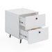White Giga modern night stand with two drawers, steel accent cabinet featuring circular handles, ideal for bedroom or living room.