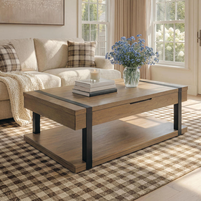 Signature Design by Ashley Jorannti living room end table with a sleek wooden top and metal legs, modern and functional for living rooms.