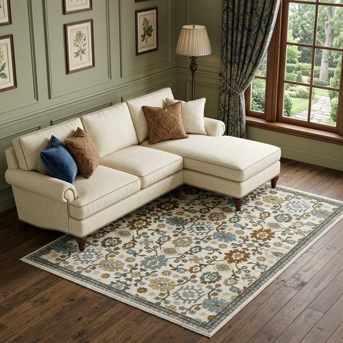 7' X 10' Floral Area Rug With Fringe (575089) - Ivory / Blue / Brown