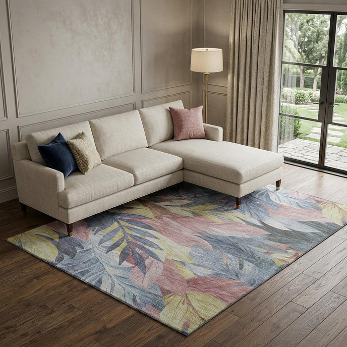 10' X 14' Floral Washable Area Rug With UV Protection (694020) - Denim Blue / Mauve / Gold