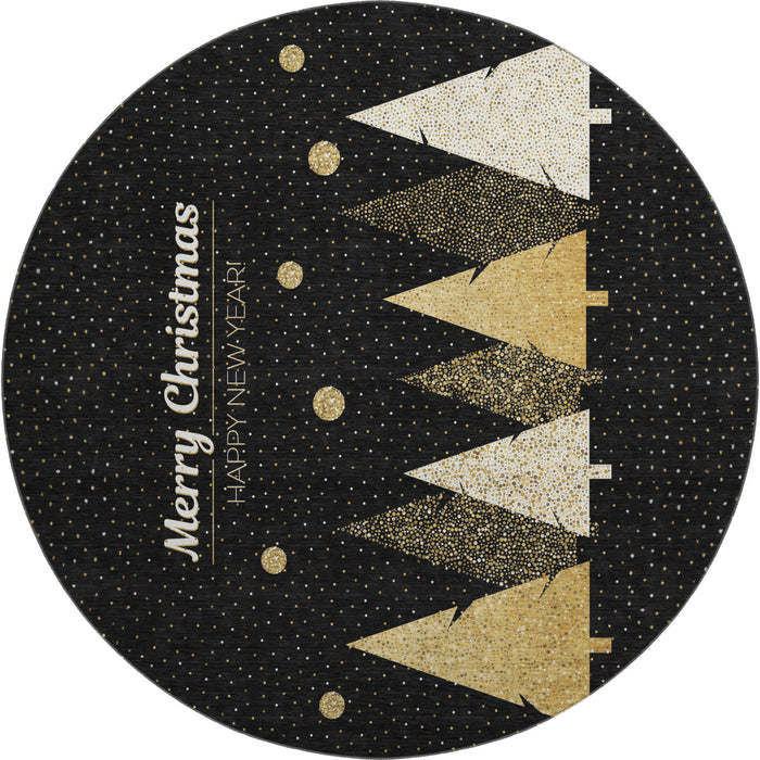 8' Christmas Tree Washable Round Rug With UV Protection (646466) - Black / Gold / Ivory