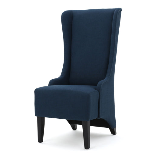 Set of two Giga Alight upholstered dining chairs with high backs and birch wood legs, showcasing modern, comfortable seating.