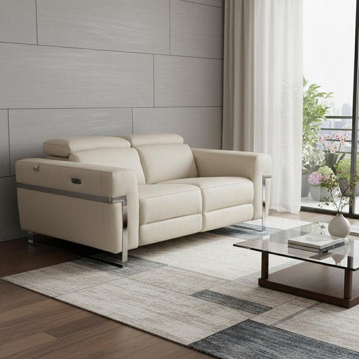 Italian Leather, Power Reclining Loveseat - Beige / Silver