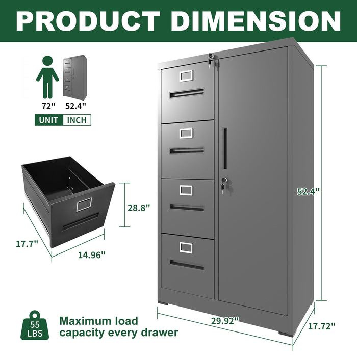 Giga metal vertical filing cabinet with 4 drawers and lock, steel construction, suitable for school or office storage.