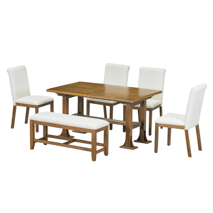 Giga Topmax 6-piece farmhouse extendable dining table set with trestle base, removable leaf, upholstered chairs, and bench for dining room