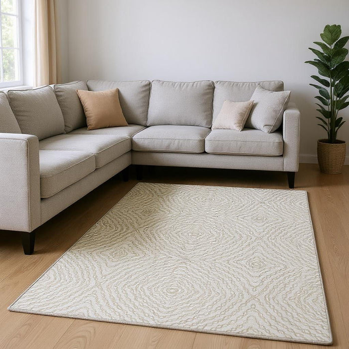 9' X 12' Geometric Washable Area Rug With UV Protection - Linen And Ivory