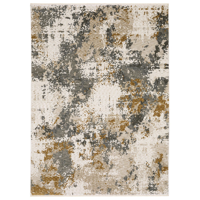8' X 11' Abstract Distressed Area Rug With Fringe - Beige And Gray