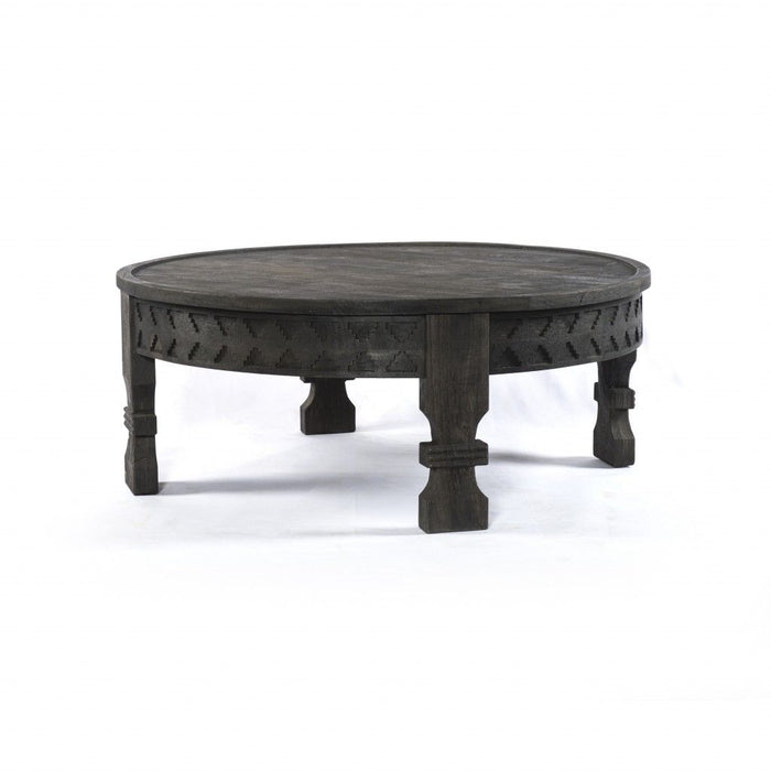 Carved Round Wooden Coffee Table - Black