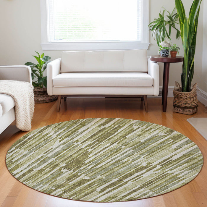 8' Transitional Abstract Washable Round Rug With UV Protection - Olive Green