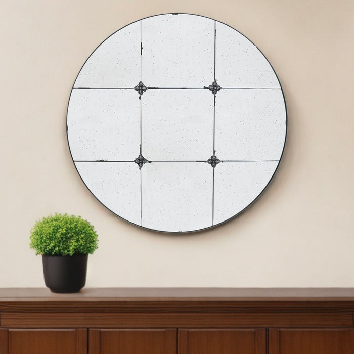36" Round Iron Framed Antiqued Glass Accent Mirror - Black
