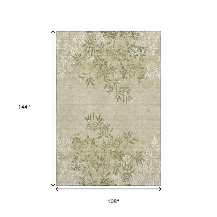 9' X 12' Floral Washable Area Rug With UV Protection (655643) - Khaki / Green / Ivory