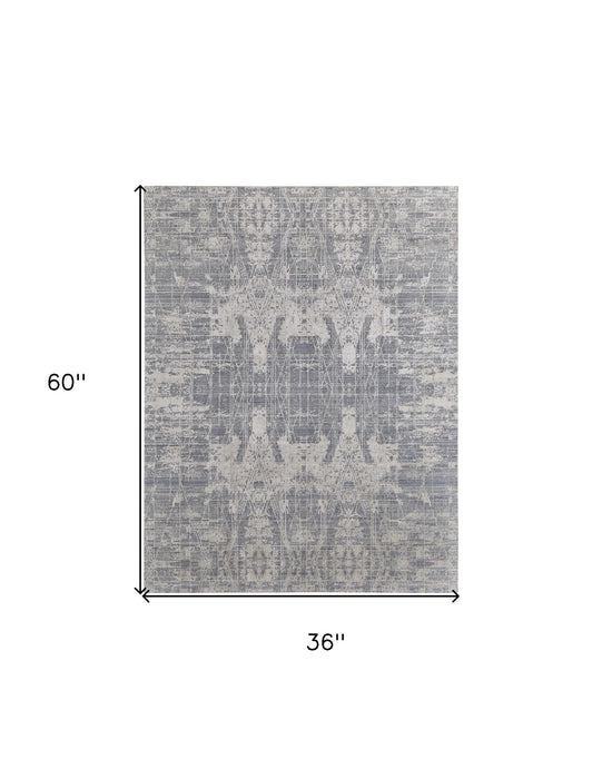 3' x 5' Casual Abstract Hand Woven Worn Faded Wool Blend Area Rug - Gray And Silver
