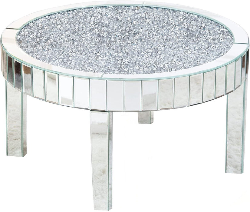 31" Mirro Glass And Faux Crystal Round Coffee Table - Silver