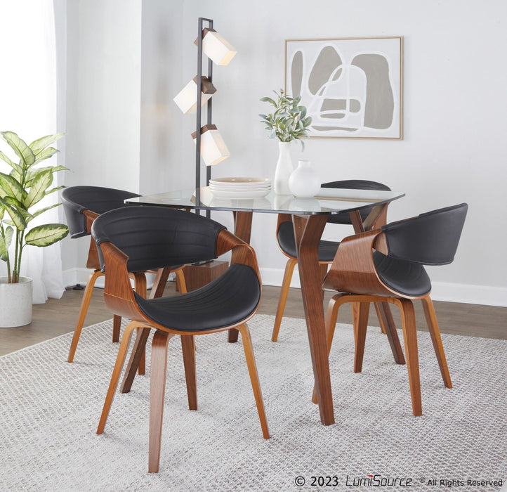 Folia - Symphony 5 Piece Square Dining Set - Clear Glass, Walnut Wood, Black Faux Leather