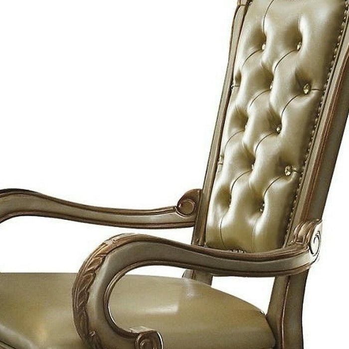 Tufted Faux Leather And Wood Dining Arm Chairs (Set of 2) - Bone