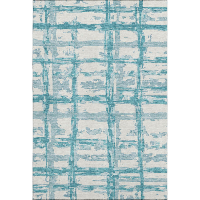 9' X 12' Striped Washable Area Rug Polyester With UV Protection - Teal And Ivory