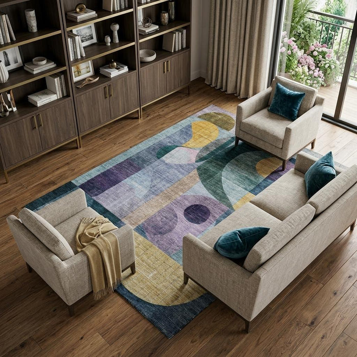 10' X 14' Abstract Geometric Washable Area Rug With UV Protection (684822) - Blue / Gold / Purple