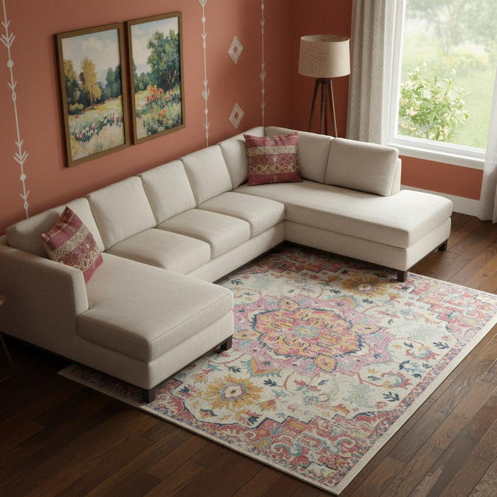 6' X 9' Floral Medallion Area Rug (550204) - Ivory / Pink / Red